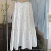 Fresh Embroidered Floral White Midi Skirt for Women - Summer A-Line Pleated Full Flared Umbrella Skirt