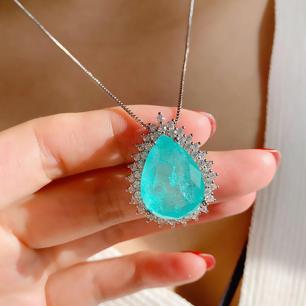 Romantic Sterling Silver 925 Sterling Silver Paraiba Tourmaline Emerald Stone Pendant Necklace Lab Zircon Chain Women's High Jewelry Gift