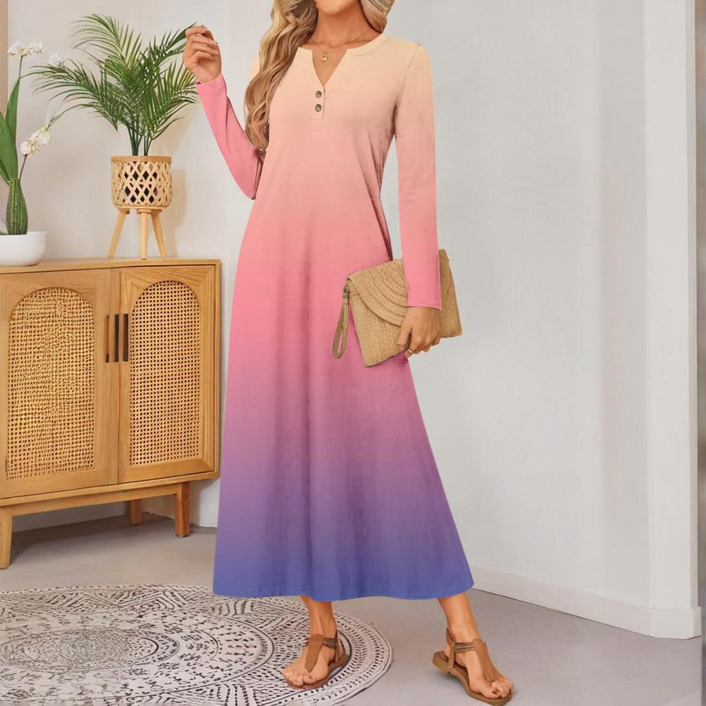 Women Gradient Print Long-sleeved Comfortable Loose Dress Elegant Dress