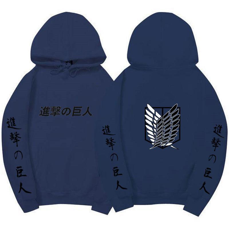 Attack on Titan Unisex Fleece Hoodie Front Japanese Text, Back Wings of Freedom Logo Autumn Winter Casual Pullover