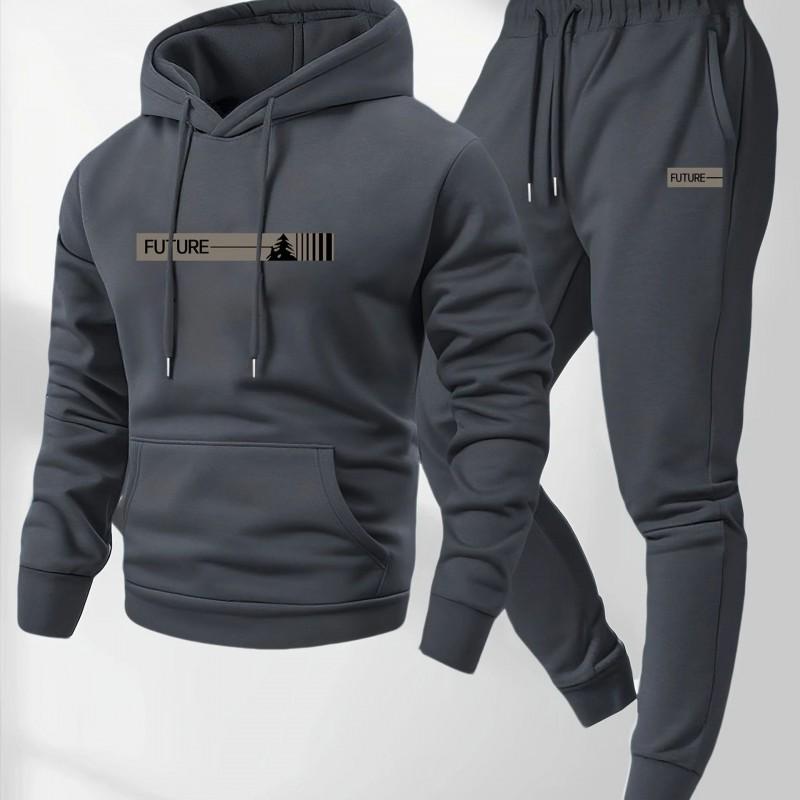 Mens 2-Piece Sportswear Set: Hooded Zip-Up Sweatshirt Jogger Pants Warm Fleece-Lined Loose Fit Casual Running