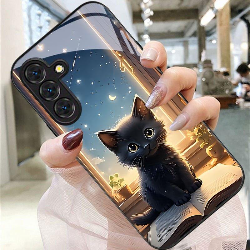Стеклянный чехол для телефона с рисунком черной кошки, подходит для Samsung Galaxy S26 S25 S24 S23 S22 S20 FE/Ultra/Plus, пылезащитный и ударопрочный