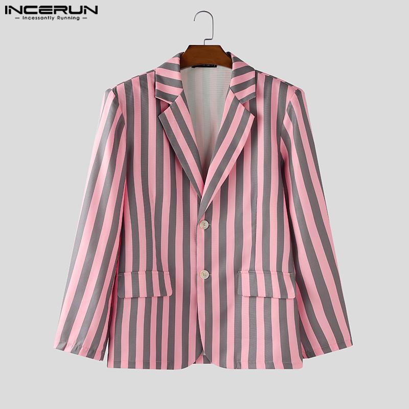 INCERUN Oversized Men Lapel Neck Long Sleeve Striped Print Casual Thin Blazer Suit Coats