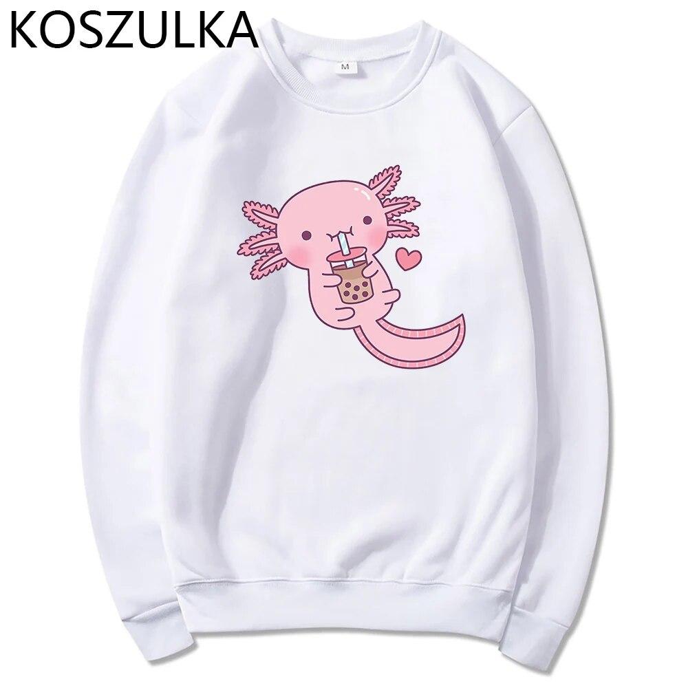 Забавные женские милые толстовки с капюшоном «Аксолотль любит пузырьковый чай» Толстовка с принтом Свободная толстовка с капюшоном большого размера с мультяшным принтом Уличная одежда Розовая одежда