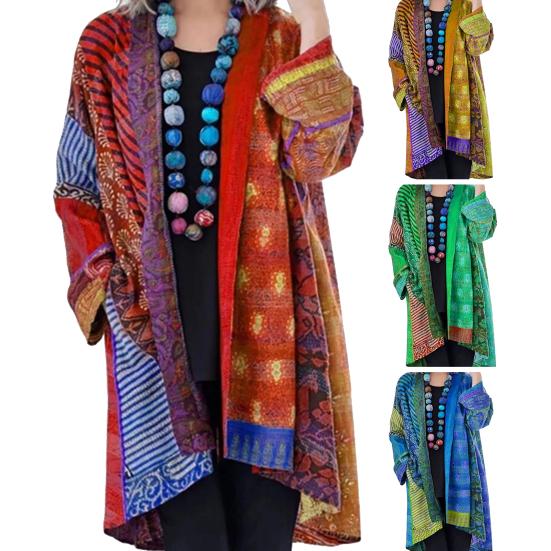 Женское пальто с карманами, цветной принт, кардиган с длинными рукавами, в стиле ретро и этническом стиле, свободная куртка средней длины на весну и осень
