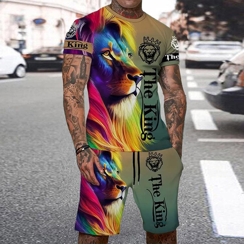 Летний мужской комплект с короткими рукавами и шортами с круглым вырезом, повседневная футболка с принтом тигра в 3D, крутой персонализированный уличный комплект, мужская спортивная одежда