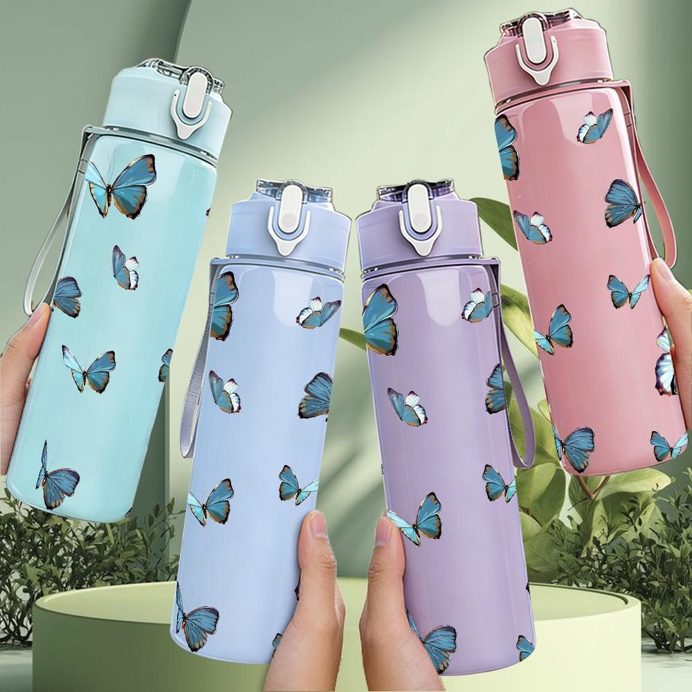 1PC Multiple Blue Flying Butterfly Pattern 750ml Color Plastic Sports Water Bottle Leakproof Flip Straw Lid Suitable for Sports Office Home Use