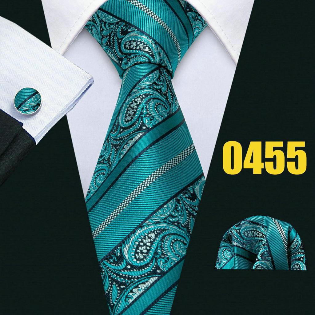 Mens Fashion Neckties Teal Silk Tie Pocket Square Cufflinks Blue&Green Formal Casual Ties