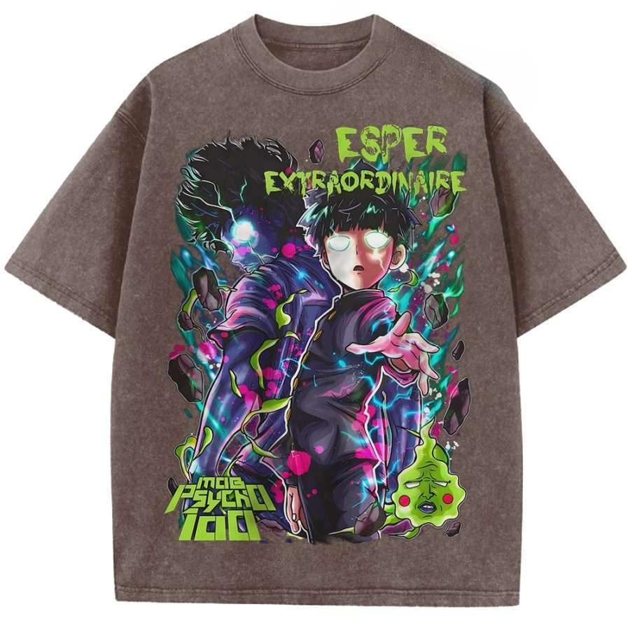 Mob Psycho 100 Kageyama Shigeo Printed Tee Men Women Washed Cotton T-shirts Manga Vintage T Shirt Harajuku Male Oversized Tshirt