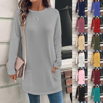 Женская мода повседневная однотонная рубашка с длинным рукавом и круглым вырезом с карманами