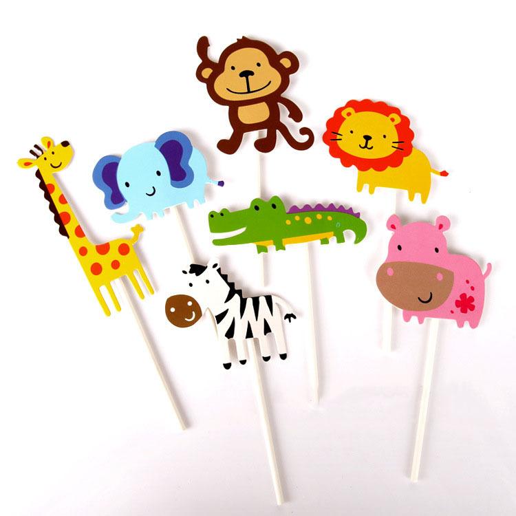 7pcs Jungle Safari Cupcake Picks Cake Toppers Cartoon Cupcake Inserts Card Kids Birthday Party AVE