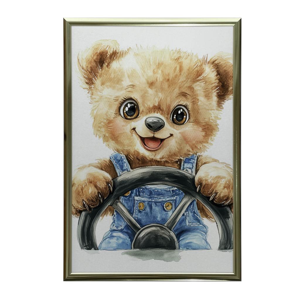 Smiling Teddy Bear Behind The Steering Wheel Smiling Teddy Bear Behind The Steering Wheel, 50X70 Cm, Black Aluminum Frame, 230 Gsm Matte Paper