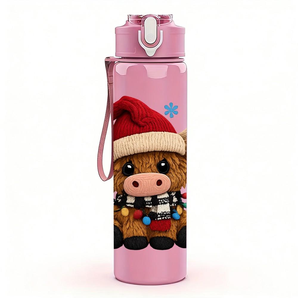 1PC Santa Hat Cute Cow 750ml Color Plastic Sports Water Bottle Leakproof Flip Straw Lid Suitable for Sports Office Home Use
