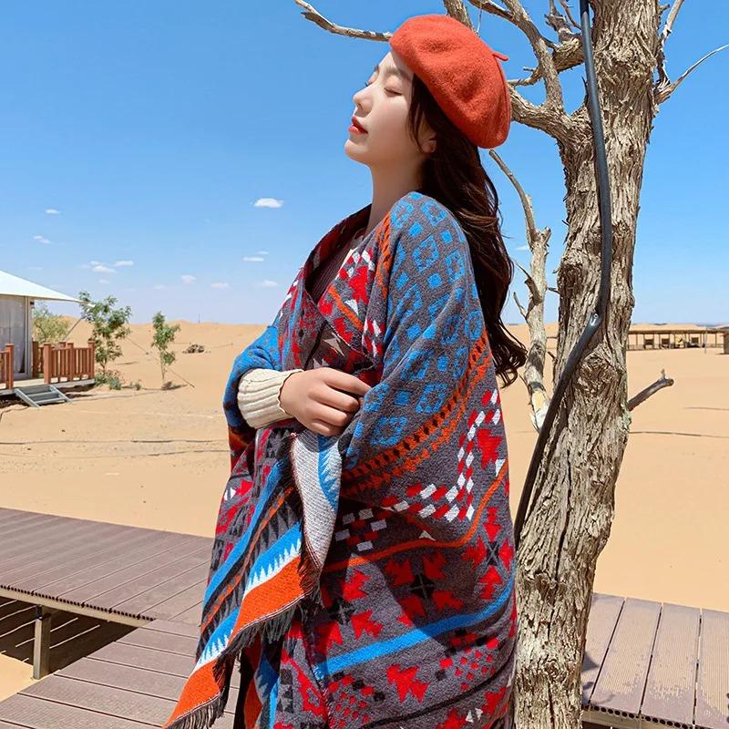 21 Style Big Pendulum Cloak With Hat Arabic Poncho Women Leopard Pocket Shawl Cape Knitted Middle East Split Thick Warm Blanket