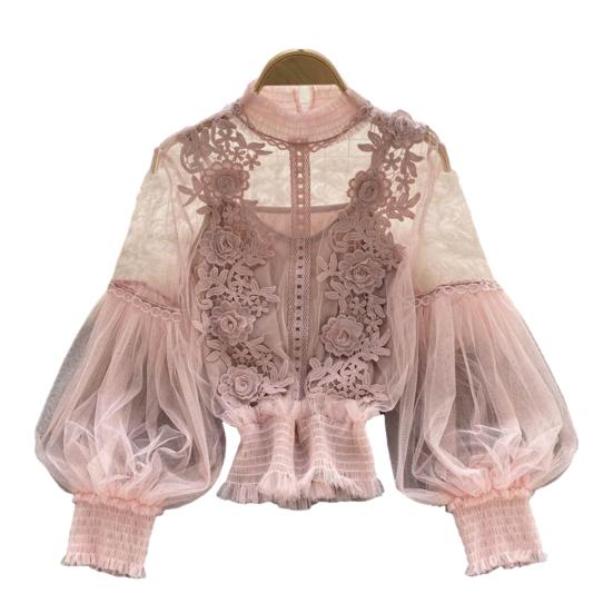 Женская праздничная рубашка с цветочной аппликацией, прозрачная сетка с рукавами-фонариками, тонкая кружевная гофрированная эластичная манжета, круглая