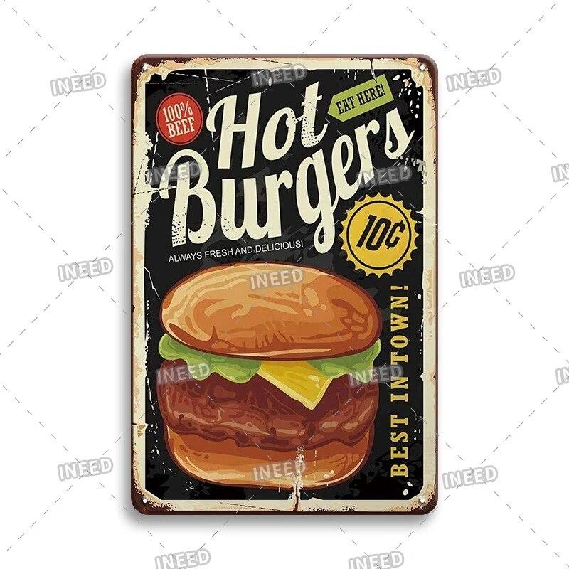 Mfoever Burger Sign Best In Town Beef BBQ Vintage Decor Hotdogs Kitchen Decorations Wall Plaque Retro Decor Vintage Food Sign