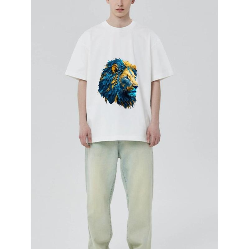 Lion Head Graphic T Shirt Black Blue and Yellow Lion Print Casual Wear for Men and Women Streetwear Fashion Unisex Top