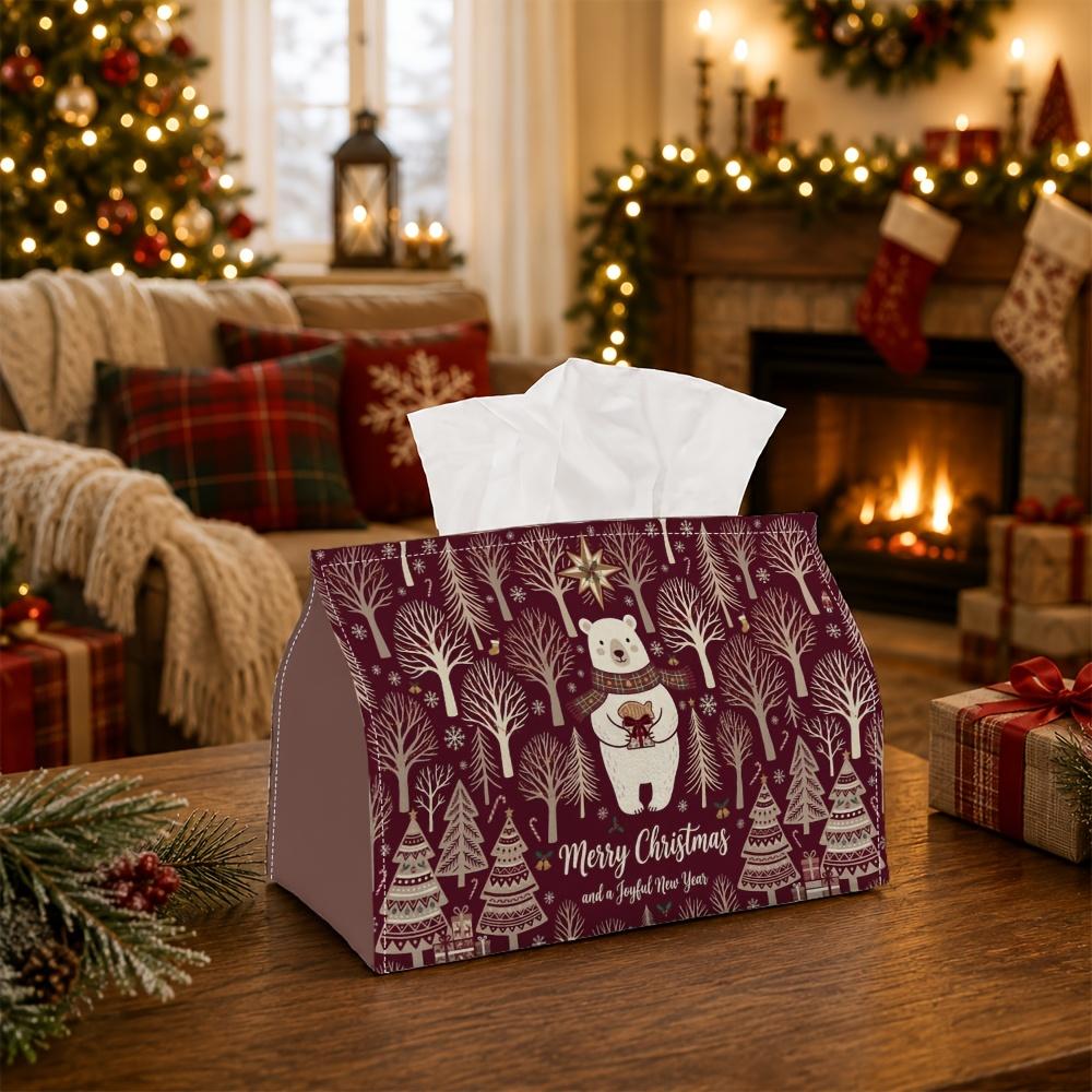 1pc Nordic Winter Forest Tissue Box - Polar Bear Pine Tree Napkin Storage Box, Suitable for Rolls/Facial Tissues/Single Sheets, Multi-Functional Stora