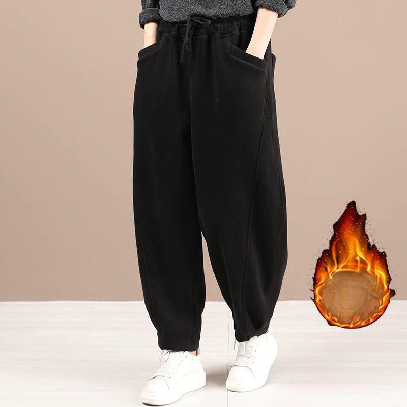 Зимние утепленные спортивные штаны из бархата и трикотажа из хлопка, женские свободные повседневные брюки в стиле ретро большого размера