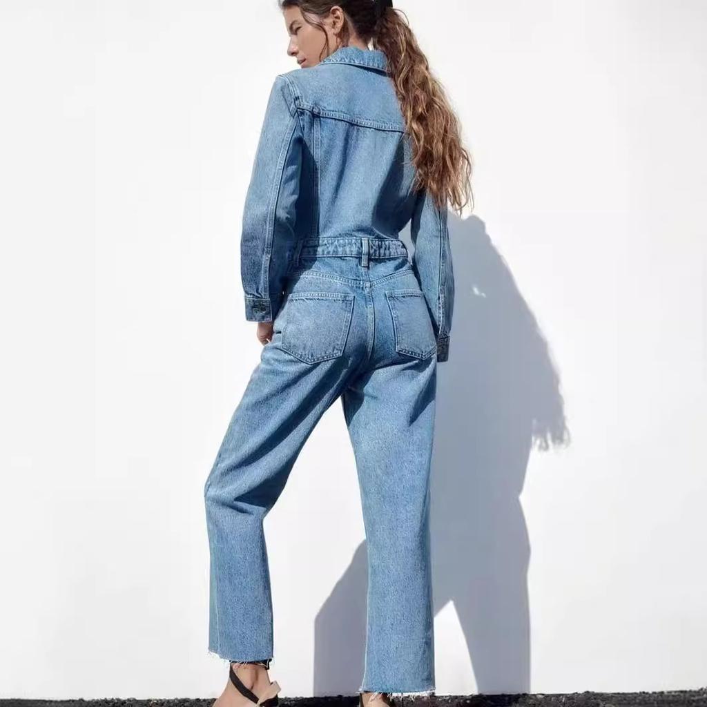 Women Jumpsuits Turn Down Collar Full Sleeve Denim One Piece Slim Fit Tight Waist Wide Leg Long Pants Overalls Casual Rompers
