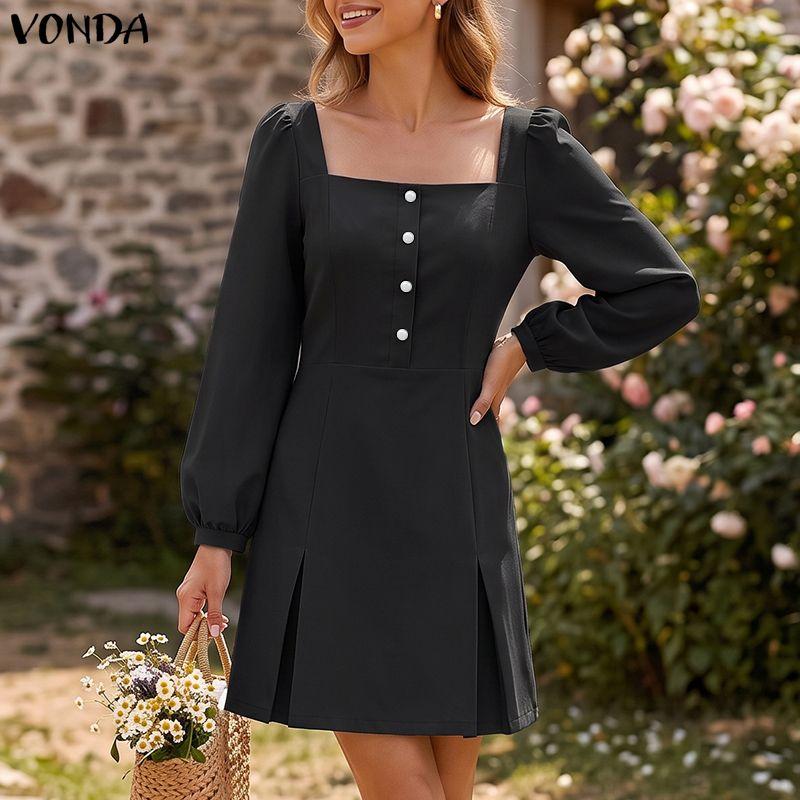 VONDA Женские мини-платья повседневные, однотонные, с квадратным вырезом, пышными длинными рукавами и узкой талией