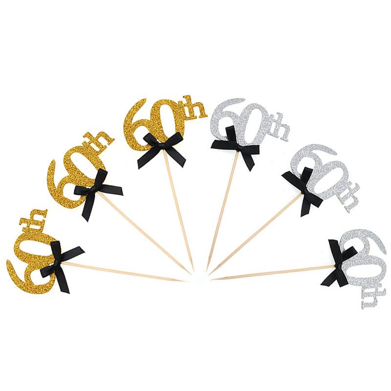 10 шт. золотые серебряные украшения для торта на 30-е, 40-е, 50-е, 60-е годы, украшение для вечеринки по случаю дня рождения, украшения для кексов с черным бантом на годовщину для взрослых