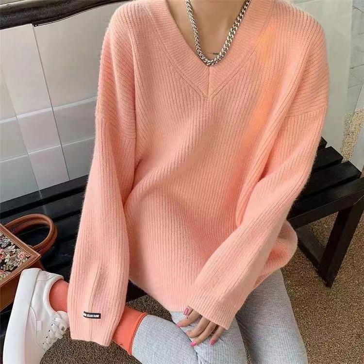 Свободный однотонный цветной лейбл в длинной секции свитер осень и зима V-образный вырез толстый иглой длинный рукав трикотажный свитер для женщин