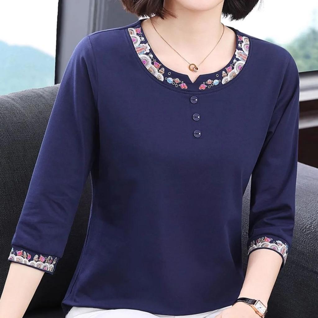 Женская ретро футболка со средним рукавом и вышивкой для среднего возраста, удобные повседневные топы