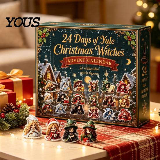 Decorative Figures for Window Christmas Witches Advent Calendar 2026, 24 Days Yule Countdown Box, 2D Blind Box Acrylic Witch Figurine Signs,