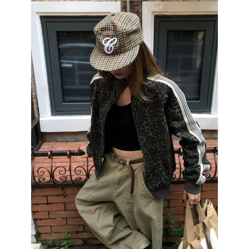 Mens American Vintage Leopard Print Jacket 2026 Early Fall Loose Casual Zip Cardigan Unisex