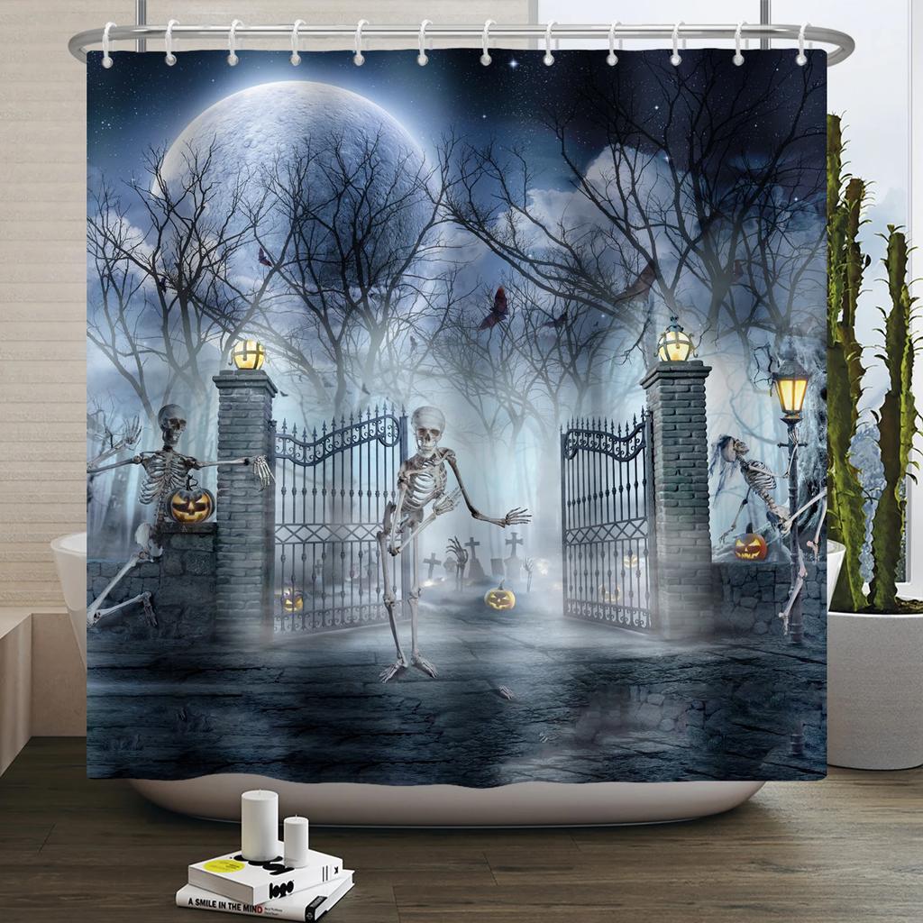 Хэллоуин Занавеска для душа Ужас Лунная ночь Тыква Череп Скелет Страшный Замок Ведьма Призрак Кладбище Водонепроницаемые Занавески для ванной