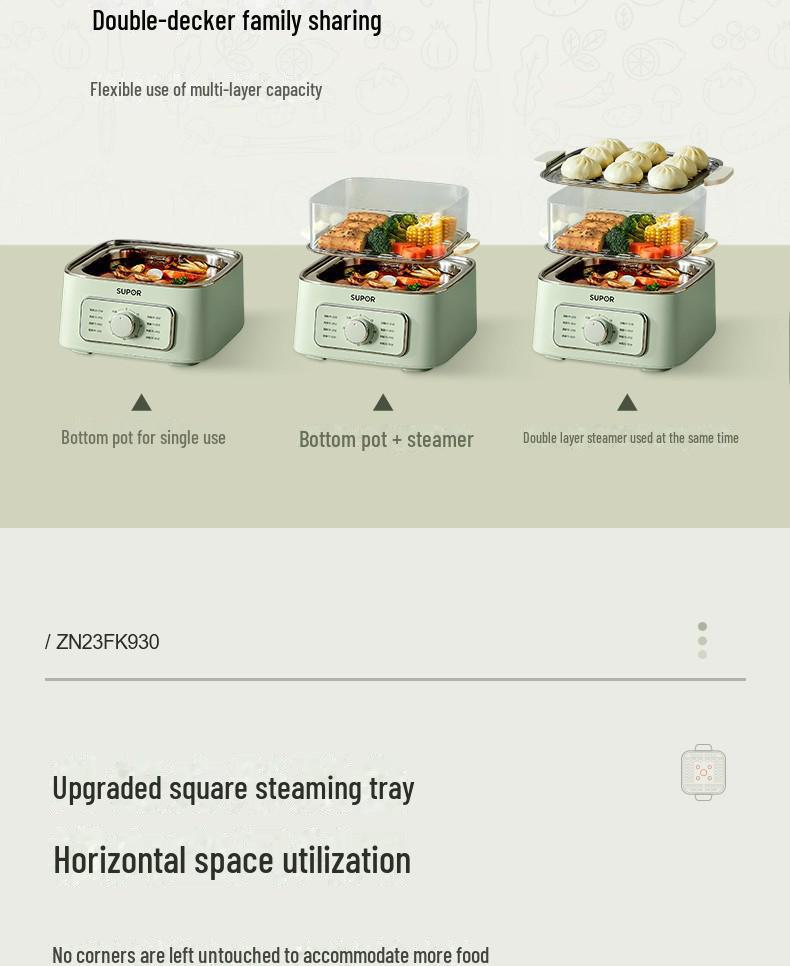 Трехуровневая электрическая пароварка Supor ZN23FK930 из нержавеющей стали с видимой решеткой и большой вместимостью.