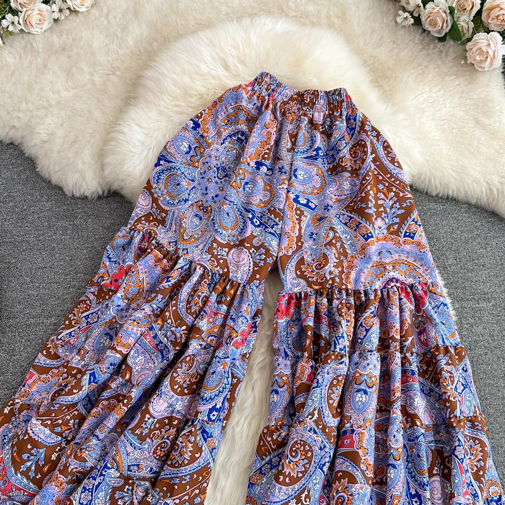 Summer Bohemian Vacation Beach Pants Elegant High Elastic Waist Wide Leg Printed Trouser Casual Flare Fladas New Fashion