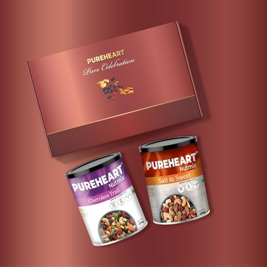 PUREHEART Подарочная корзина на День святого Валентина для него и нее | Премиальная подарочная коробка с сухофруктами и ореховой смесью с ореховой смесью и сладкой ореховой смесью (454 г каждый)