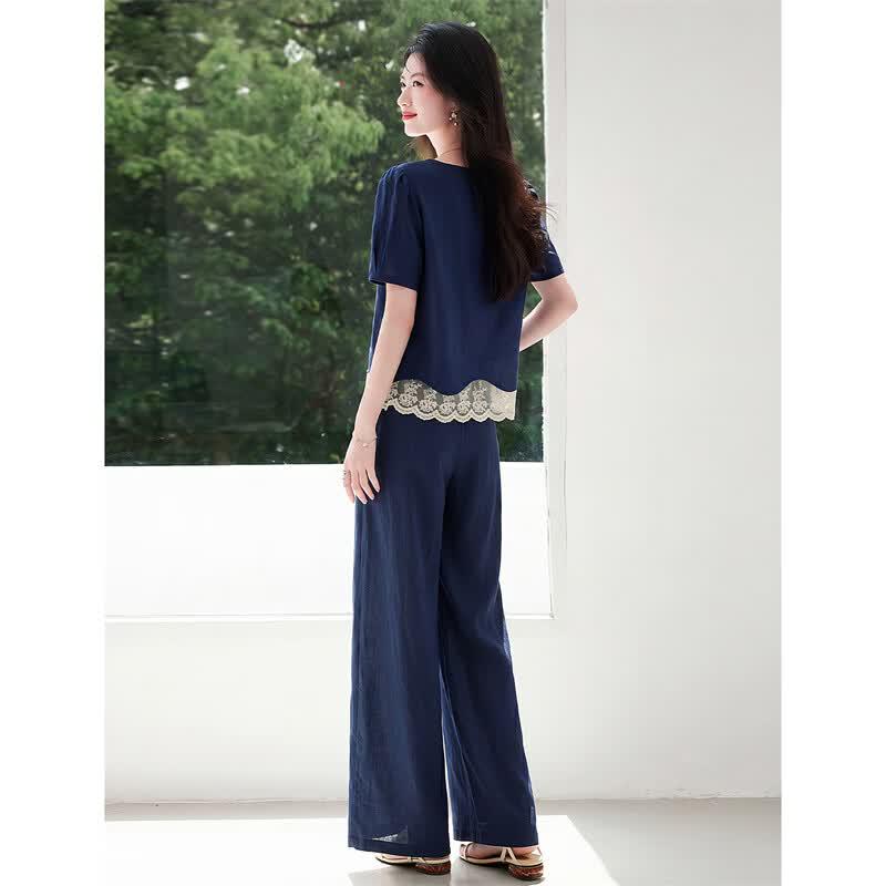 Women's Lace-Spliced Linen Blend Two-Piece Pants Set