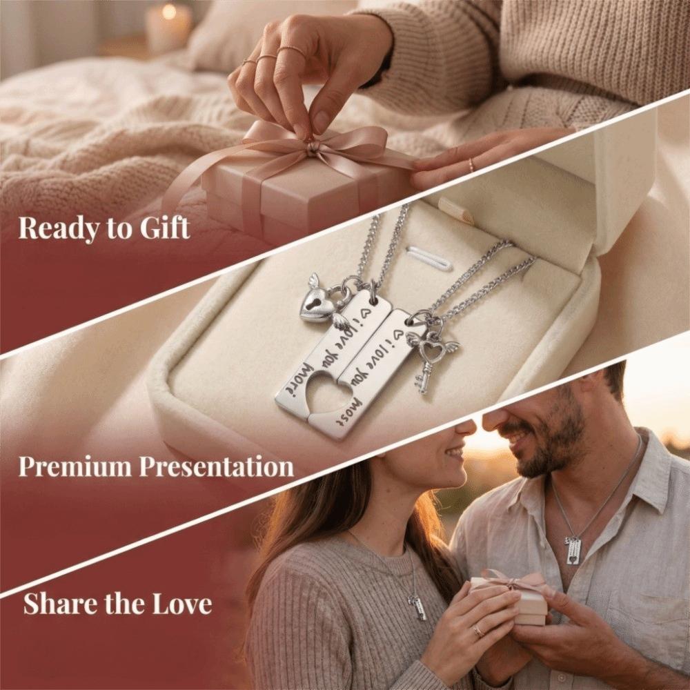2pcs Stainless Steel Couple Necklaces Matching Puzzle Heart Lock Key Pendant  Valentine Day Gift