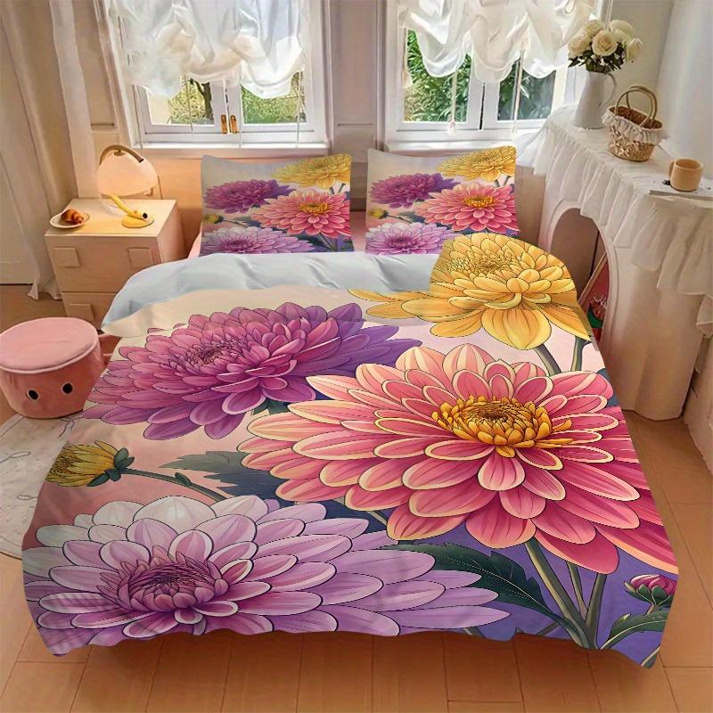 3Pcs Chrysanthemum Flowers Printed Bedding Set, Breathable And Soft,(Includes 1 Duvet Cover And 2 Pillowcases, Quilt Not Included) yy250815199