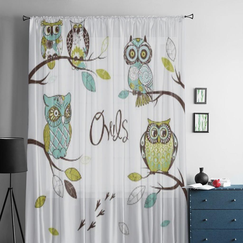 Five Different Owls Sitting On The Tree Brunches Tulle Sheer Curtains for Living Room Kitchen Decoration Voile Organza Curtains