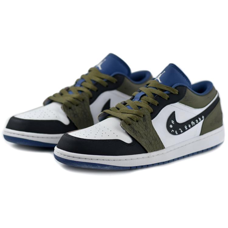 Jordan Air Jordan 1 Износостойкие Нескользящие Низкие Винтажные Баскетбольные Кроссовки Мужские Черно-Бело-Зеленые 553558-414(Команда679-)