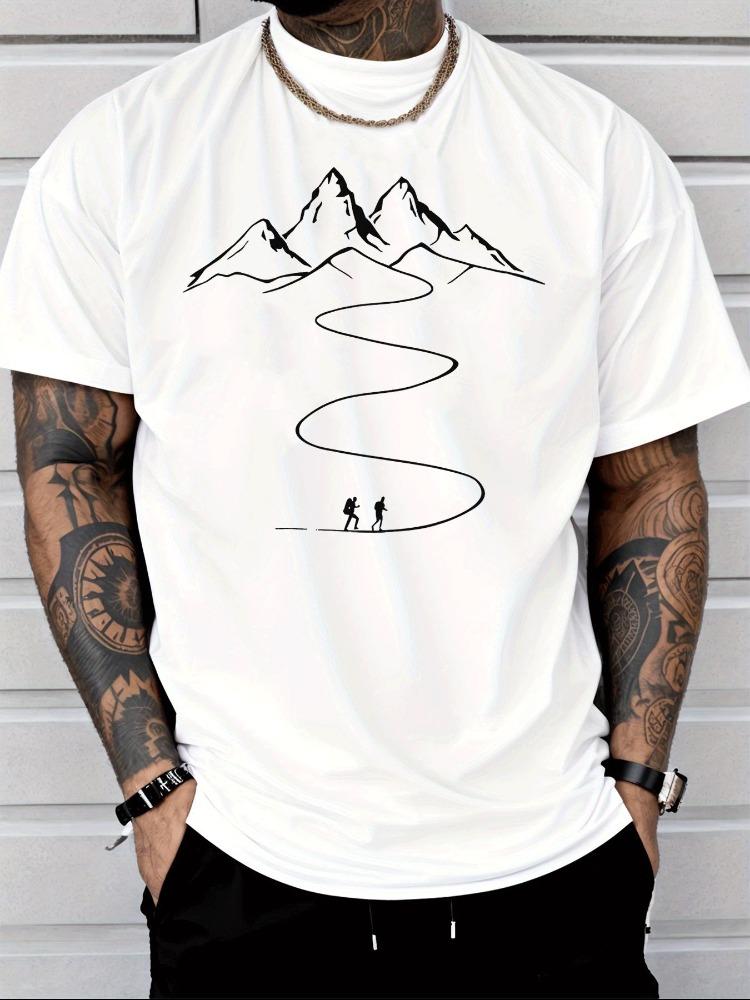 Unisex White Crew Neck Tee Mountain Hiker Line Print Loose Oversized Short Sleeve Unisexs Streetwear Summer Casual Basic Top