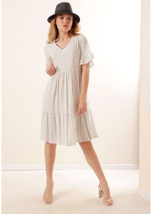 MT Clothes - Robe Col V à Pois Blanc 36