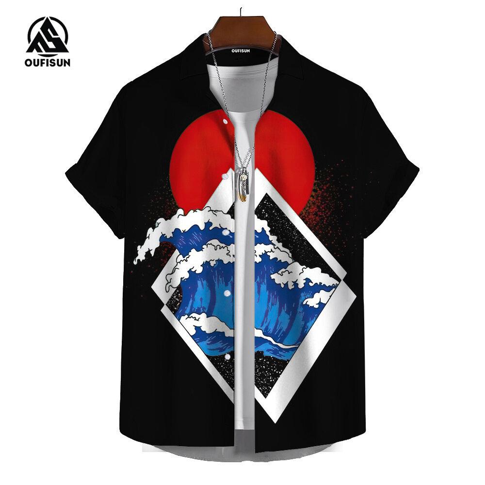 Summer Men's Short Sleeve Shirt Japanese Style Printed Sakura Fuji Mountain Pattern Street Fashion Men's Shirt Oversized Tops