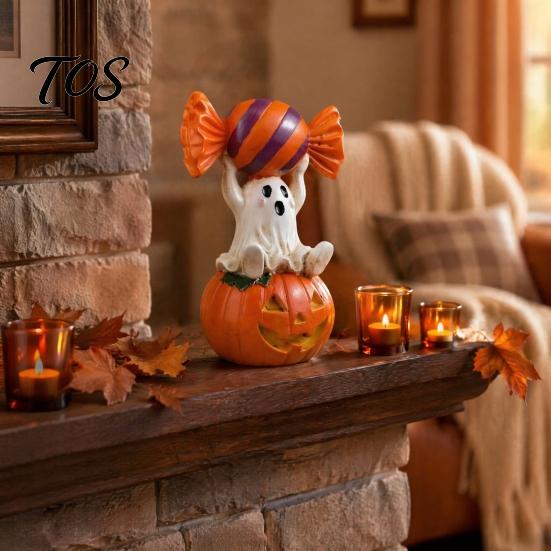 Dark Sweet Room Decor Halloween Ghost Figurine, Cute Sitting on Pumpkin Holding Candy Unique Home Collection Statue, Spooky Resin Table Ornament