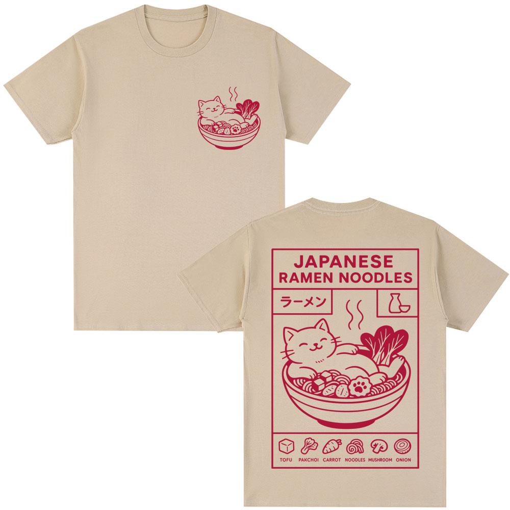 Japanese Style Raunisex Noodles Cat Funny Tshirts Unisex Unisex Fashion Harajuku High Quality T Shirt Oversized Cotton Casual Tshirt