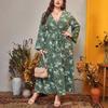 Plus Size Women's New Autumn Temperament Print Strap Waist Long Sleeve V Neck Dress