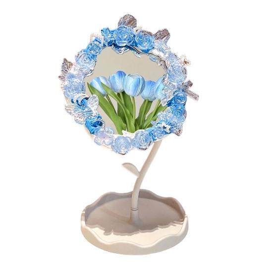 DIY Handmade Flower Desk Mirror with Storage Tray Rotatable Desktop Vanity Mirror Multi-purpose Women Makeup Table Mirror Jewelry Organizer
