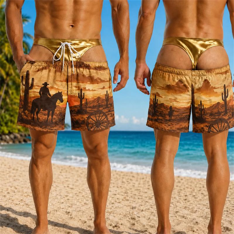 Men Funny Fake Buttocks Pattern Boardshorts Print Novelty Cowboys Swimwear Optical Illusion Thong Hilarious Swim Shorts Gifts