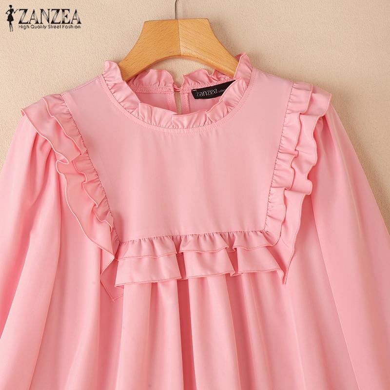 ZANZEA Женская повседневная однотонная свободная блузка с круглым вырезом и длинным рукавом