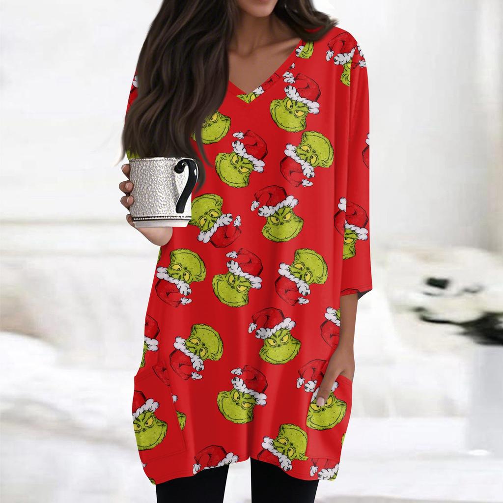 Женские топы с V-образным вырезом и рукавом 3/4, повседневные блузки средней длины, модные туники с рождественским принтом и карманами