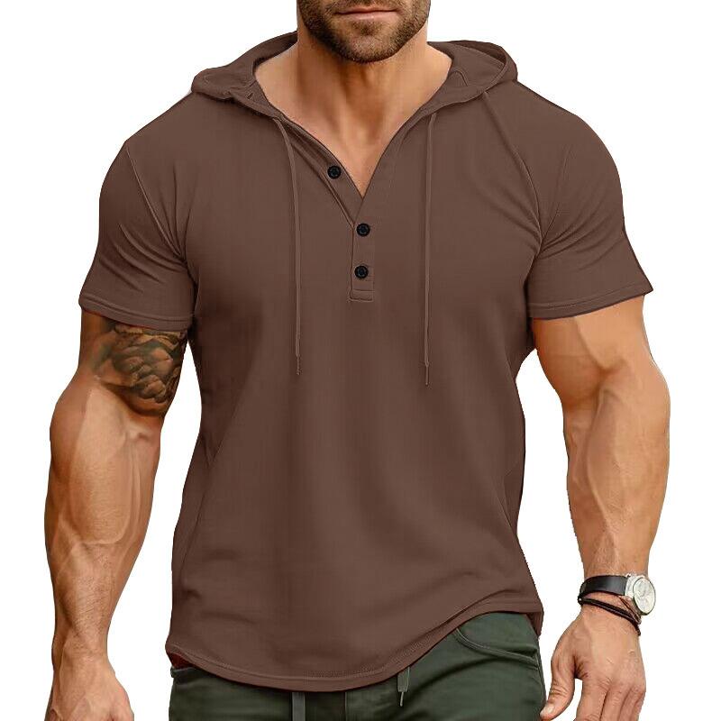 Men Green Short Sleeve Hooded Henley Neck Drawstring Casual Summer T Shirt